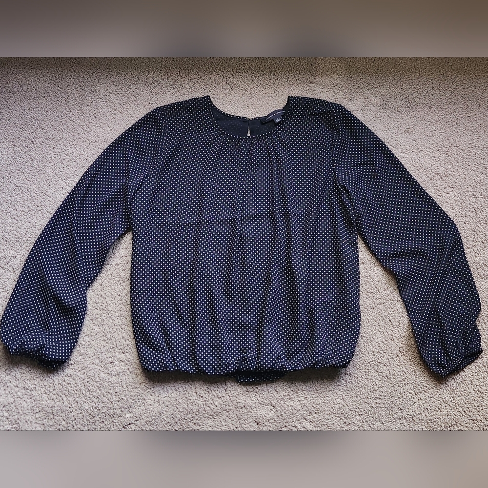 Tommy Hilfiger Navy, White Polka Dot Puff Sleeve Blouse, Size Small